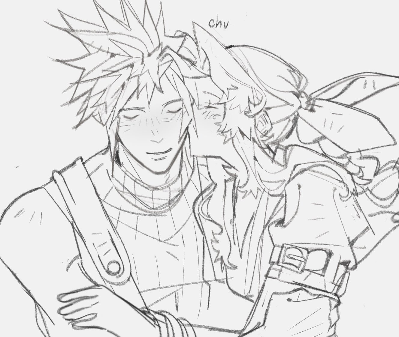mmmckayyy, aerith gainsborough, cloud strife, final fantasy, final fantasy vii, final fantasy vii remake, bangle, blush, bracelet, braid, braided ponytail, breasts, greyscale, hair ribbon, holding another's arm, jewelry, kiss, kissing cheek, medium breasts, monochrome, parted bangs, puffy short sleeves, puffy sleeves, ribbon, short hair, short sleeves, sidelocks, single braid, sketch, sleeveless, sleeveless turtleneck, smile, spiked hair, suspenders, turtleneck, upper body