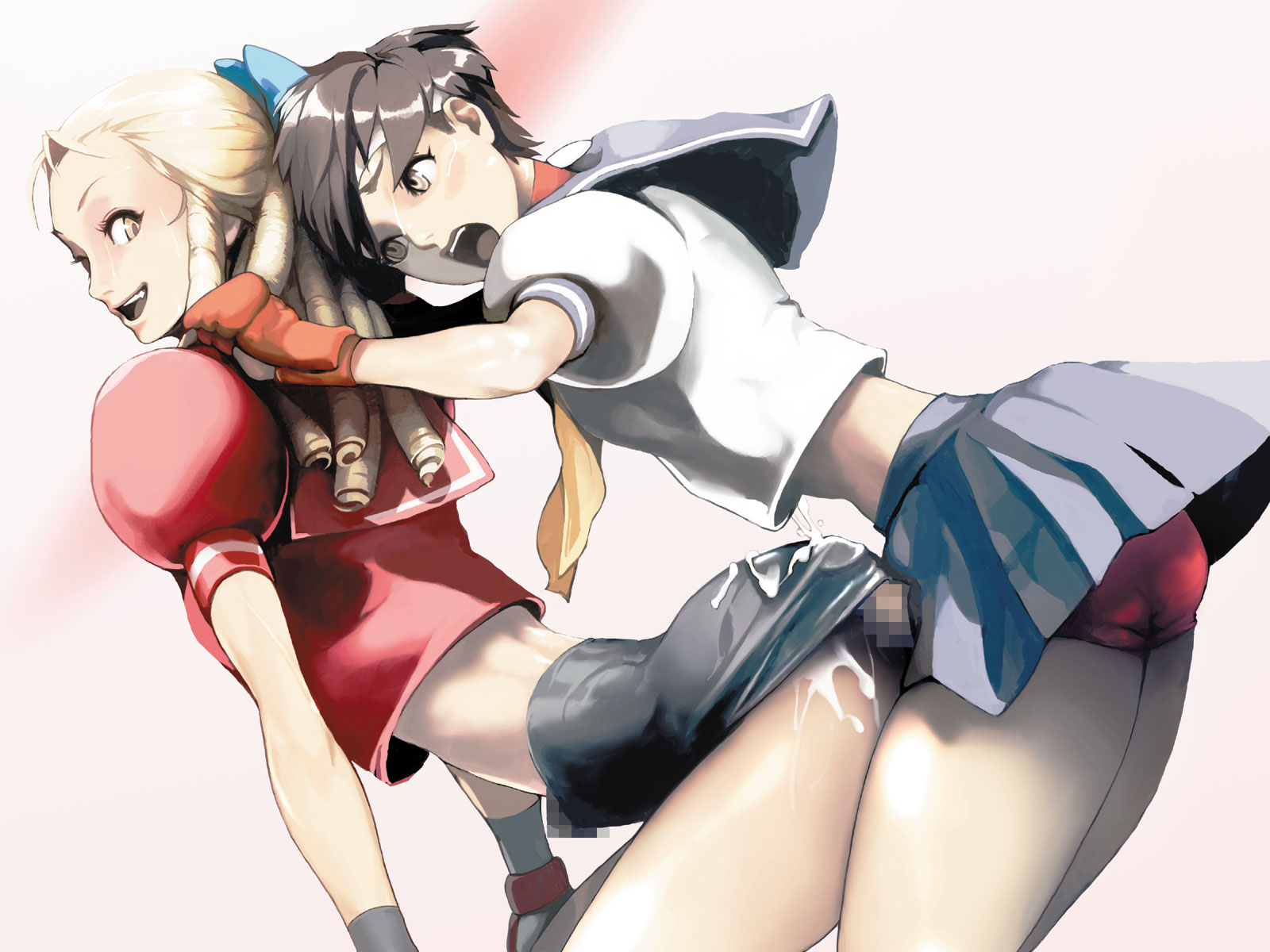 sammohung, kanzuki karin, kasugano sakura, capcom, street fighter, street fighter zero (series), highres, source request, 1990s (style), 2futa, ass, bent over, blonde hair, blue sailor collar, blush, brown eyes, brown hair, bulge, buttjob, buttjob under clothes, censored, cum, cum in clothes, cum on ass, cum on body, cum on clothes, cum on lower body, cum through clothes, erection, erection under clothes, futa with futa, futanari, gloves, headband, humping, leaning, leaning forward, multiple futa, penis, penis under another's clothes, retro artstyle, ribbon, sailor collar, school uniform, serafuku, short hair, skirt, sweat