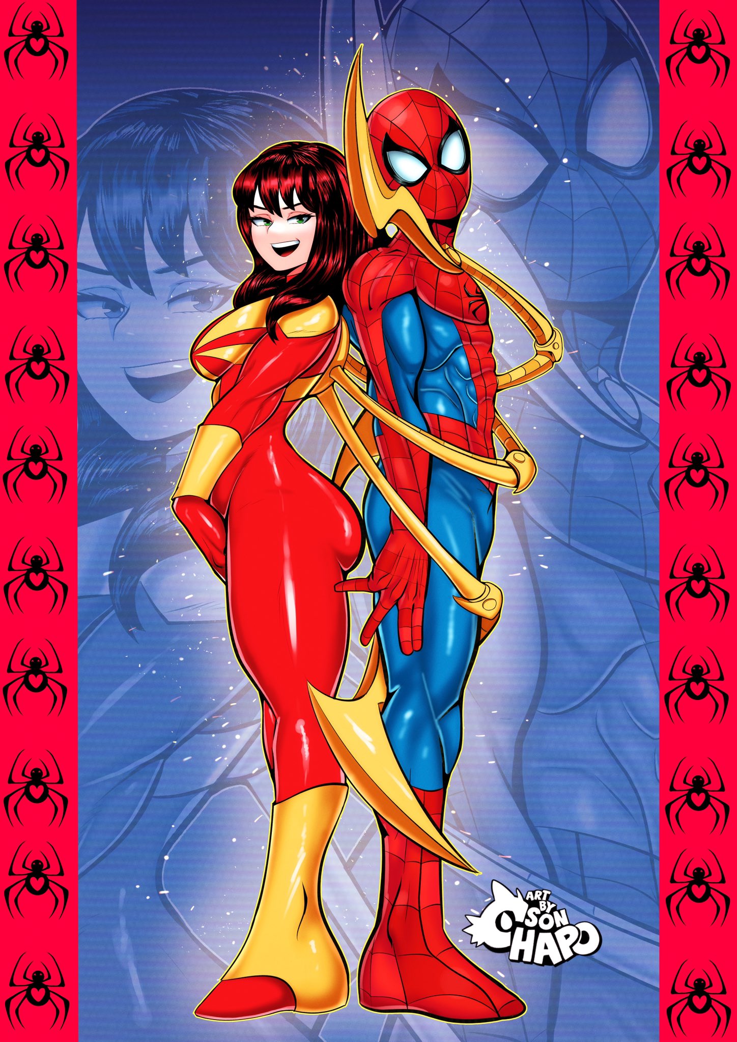 sonchapo, iron spider armor, mary jane watson, spider-man, marvel, spider-man (series), highres, 1boy, 1girl, ass, ass-to-ass, back-to-back, bodysuit, bracer, from side, green eyes, looking at viewer, mask, open mouth, red hair, smile, spider web print, standing, superhero costume, teeth, upper teeth only