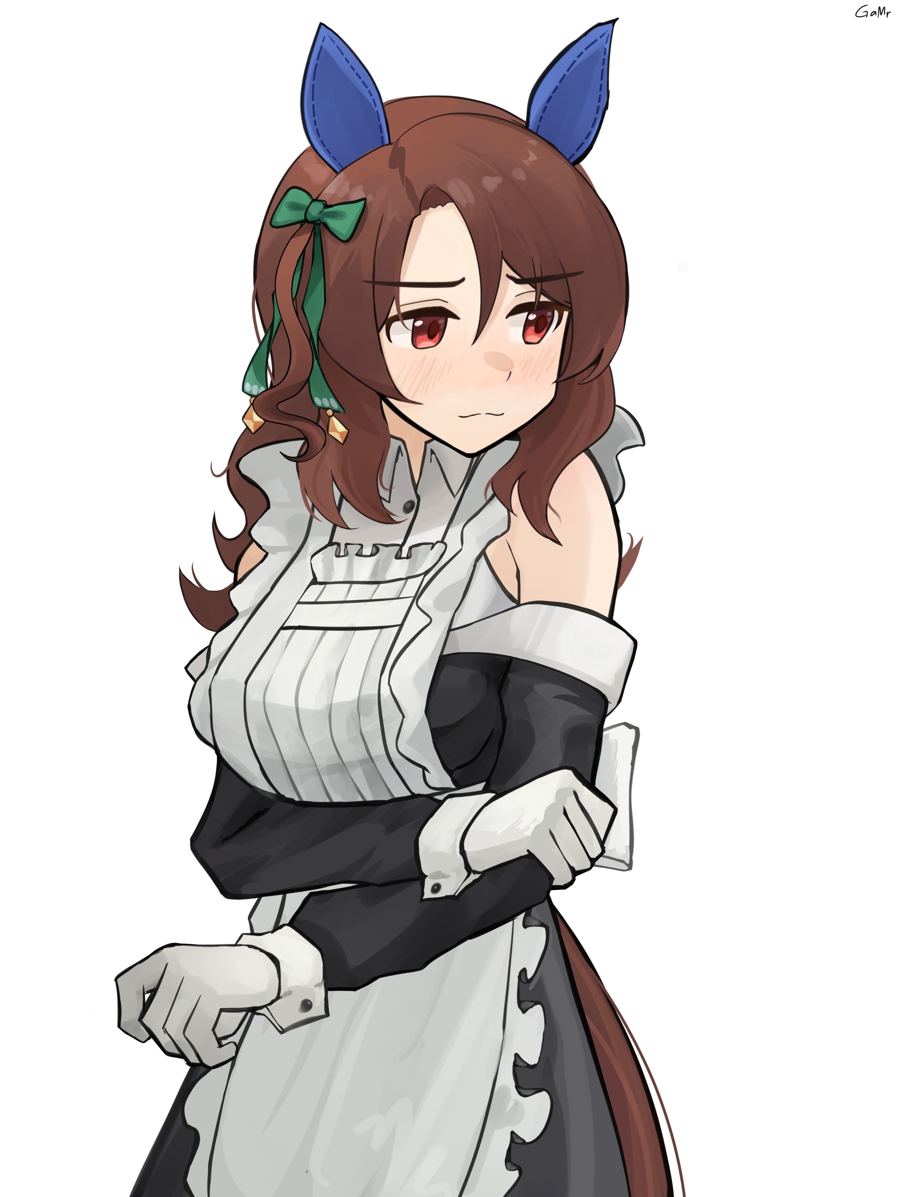 gamryous, king halo (umamusume), umamusume, absurdres, commentary, commission, english commentary, highres, 1girl, alternate costume, animal ears, apron, black dress, blush, bow, breasts, brown hair, closed mouth, clothing cutout, dress, ear bow, ear covers, gloves, green bow, horse ears, horse girl, horse tail, long hair, long sleeves, maid, maid headdress, red eyes, shoulder cutout, simple background, solo, tail, white apron, white background, white gloves