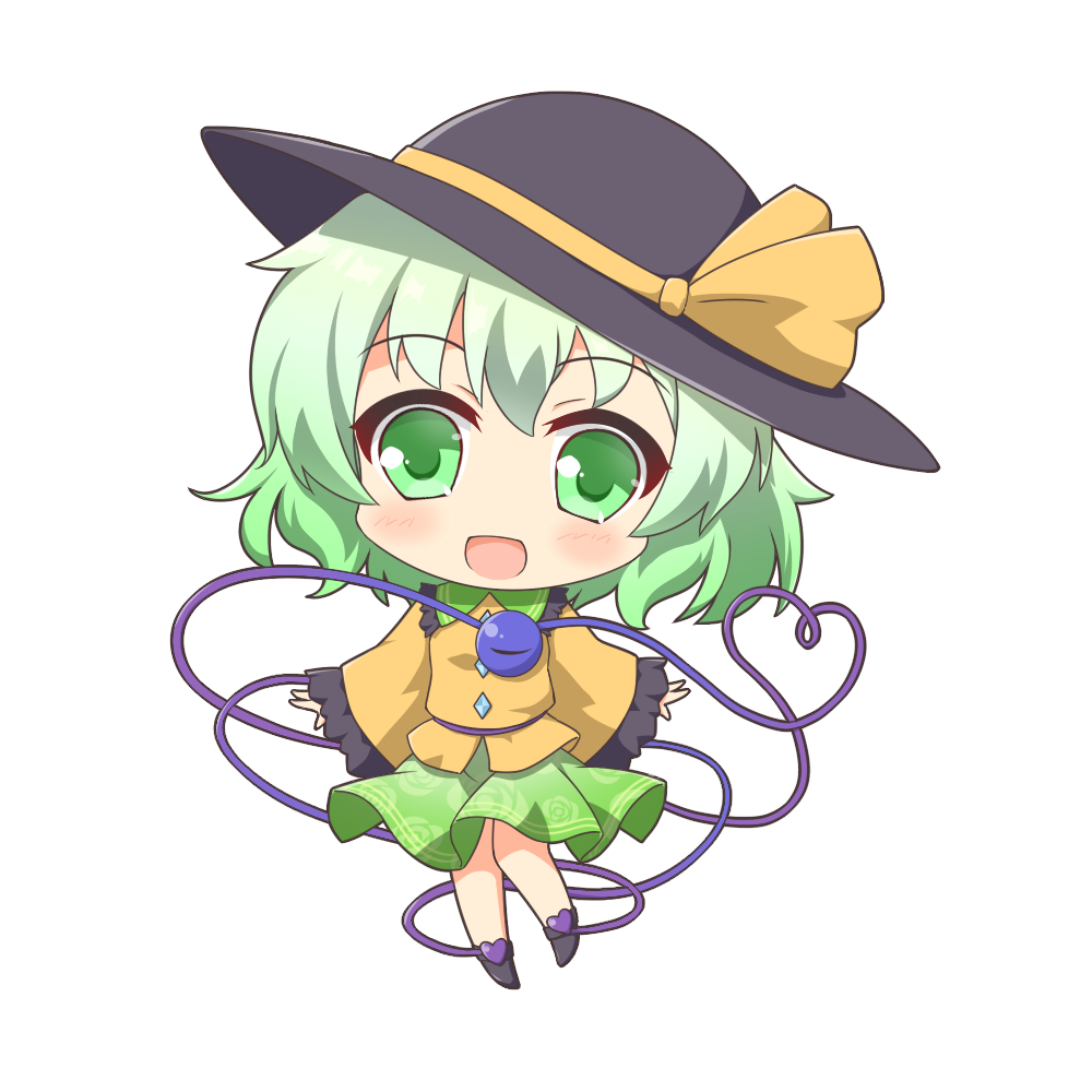 shino megumi, komeiji koishi, touhou, 1girl, :d, black boots, black hat, blush, boots, brown shirt, chibi, floral print, frilled shirt collar, frilled sleeves, frills, full body, green eyes, green hair, green skirt, hat, heart, long sleeves, open mouth, print skirt, shirt, simple background, skirt, sleeves past wrists, smile, solo, third eye, white background, wide sleeves