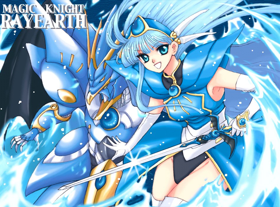 kannagi kaname, ceres, ceres (rayearth), ryuuzaki umi, magic knight rayearth, 1990s (style), 1girl, blue eyes, blue hair, blue hairband, blue theme, copyright name, female focus, hairband, leotard, long hair, mecha, official alternate costume, retro artstyle, robot, smile, sword, water, weapon