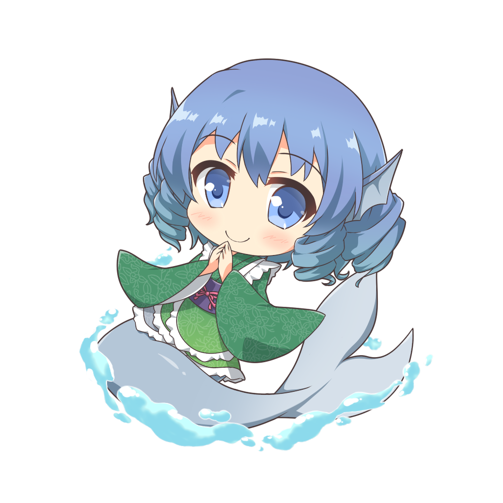 shino megumi, wakasagihime, touhou, 1girl, blue eyes, blue hair, chibi, closed mouth, fins, frilled kimono, frills, full body, green kimono, head fins, japanese clothes, kimono, long sleeves, mermaid, monster girl, ringlets, simple background, smile, solo, steepled fingers, water, white background, wide sleeves