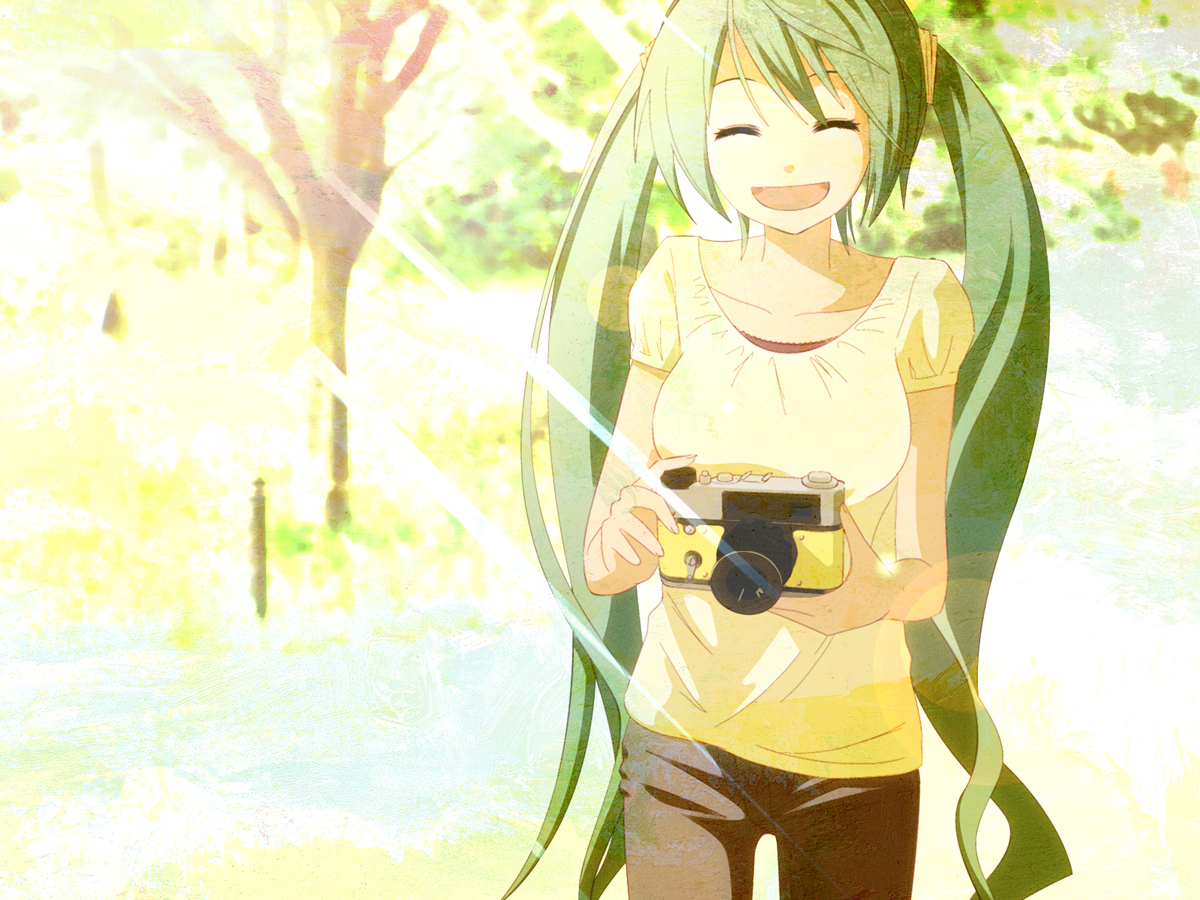 nyonnyon, hatsune miku, vocaloid, ^ ^, camera, closed eyes, green hair, long hair, smile, solo, tree, twintails, very long hair
