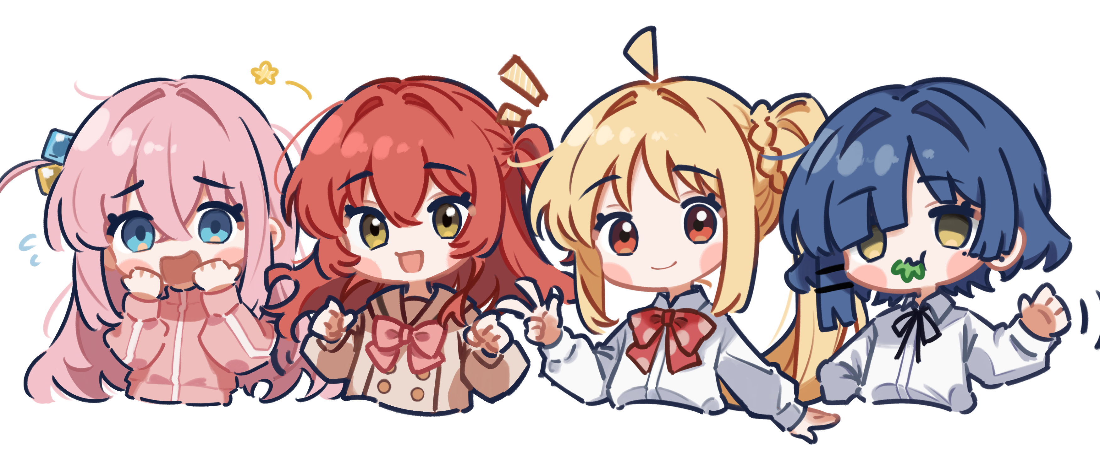 endroll, gotoh hitori, ijichi nijika, kita ikuyo, yamada ryo, bocchi the rock!, absurdres, highres, blonde hair, blue eyes, blue hair, blush, bow, chibi, hair between eyes, long hair, long sleeves, looking at viewer, open mouth, pink hair, red eyes, red hair, shirt, short hair, simple background, smile, yellow eyes