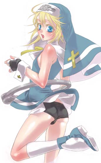 kujou kiyo, bridget (guilty gear), arc system works, guilty gear, guilty gear xx, 1boy, ass, blonde hair, blue eyes, blush, gloves, hat, kneehighs, male focus, short hair, shorts, shota, socks, solo, trap
