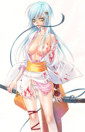 kujou kiyo, yukiko hime, dororon enma-kun, striped, 1girl, blood, blue hair, breasts, female focus, green eyes, japanese clothes, long hair, nipples, panties, solo, sword, underwear, weapon