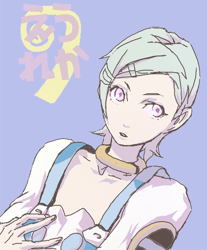 toshiki, eureka (eureka seven), eureka seven, eureka seven (series), bad id, bad pixiv id, inactive account, lowres, 00s, 1girl, collar, female focus, green hair, purple eyes, short hair, simple background, solo