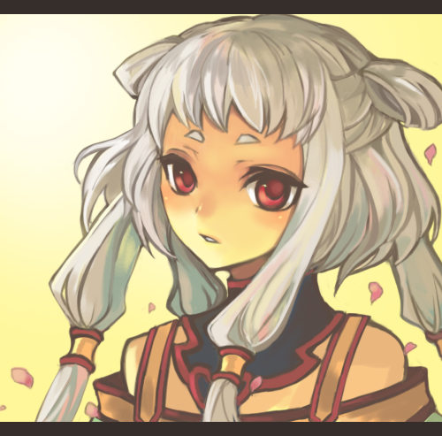 hina (pico), hina (pixiv), tianzi, code geass, bad id, bad pixiv id, lowres, 00s, 1girl, albino, female focus, gradient background, long hair, petals, quad tails, red eyes, solo, white hair