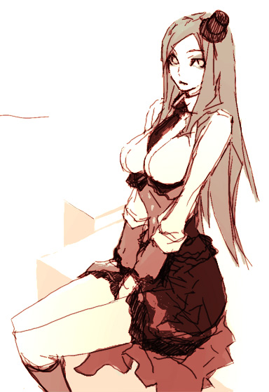 toshiki, bad id, bad pixiv id, inactive account, 1girl, breasts, brown hair, female focus, hat, large breasts, long hair, necktie, sitting, skirt, socks, solo