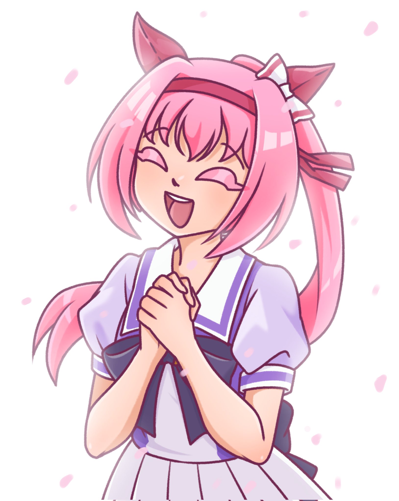 crystallizedboo, haru urara (umamusume), umamusume, commentary, english commentary, highres, 1girl, ^ ^, animal ears, bow, closed eyes, colored eyelashes, ear bow, ear covers, facing viewer, falling petals, hairband, headband, horse ears, horse girl, long hair, open mouth, petals, pink hair, pink headband, pink petals, ponytail, puffy short sleeves, puffy sleeves, purple bow, purple sailor collar, purple serafuku, purple shirt, red headband, sailor collar, sailor shirt, school uniform, serafuku, shirt, short sleeves, simple background, skirt, smile, solo, teeth, tracen school uniform, upper teeth only, white background, white sailor collar, white skirt