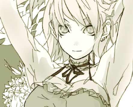 toshiki, bad id, bad pixiv id, inactive account, lowres, 1girl, armpits, collar, earrings, female focus, jewelry, monochrome, short hair, solo, yellow theme