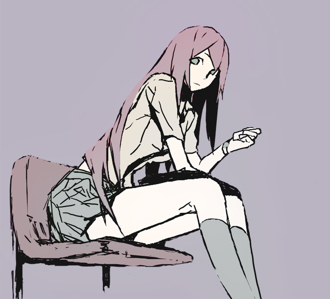 toshiki, bad id, bad pixiv id, inactive account, chair, green eyes, long hair, purple hair, school uniform, serafuku, sitting, skirt, socks, solo