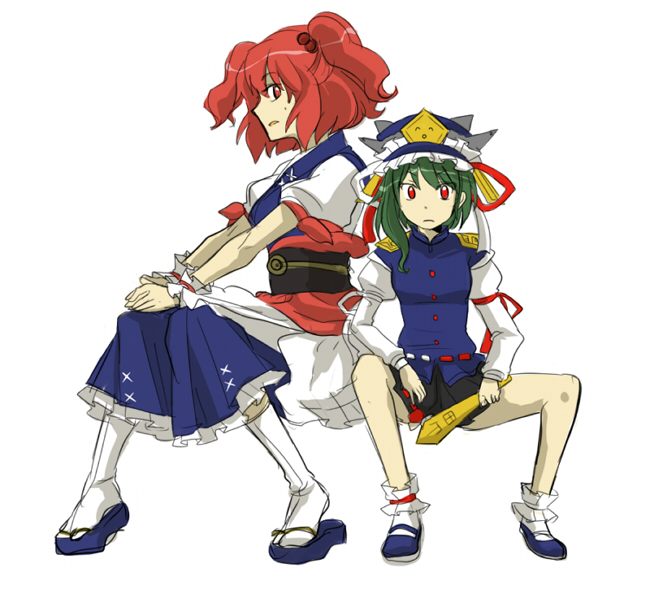 ririvery, onozuka komachi, shiki eiki, touhou, 2girls, female focus, green hair, multiple girls, red eyes, red hair, rod of remorse, sitting, tabi