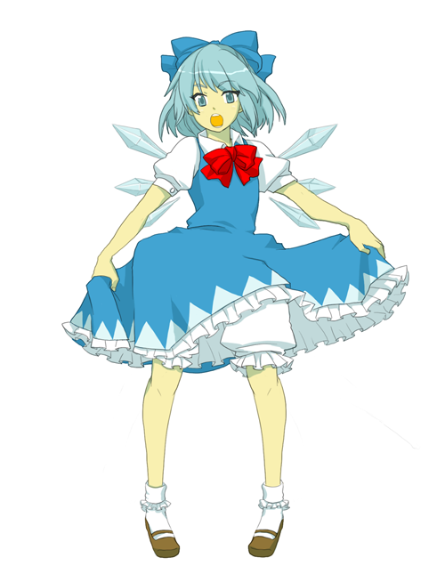 ririvery, cirno, embodiment of scarlet devil, touhou, 1girl, bloomers, blue eyes, blue hair, bobby socks, bow, bowtie, clothes lift, female focus, full body, mary janes, matching hair/eyes, open mouth, shoes, short hair, simple background, skirt, skirt lift, socks, solo, standing, underwear, white bloomers, wings