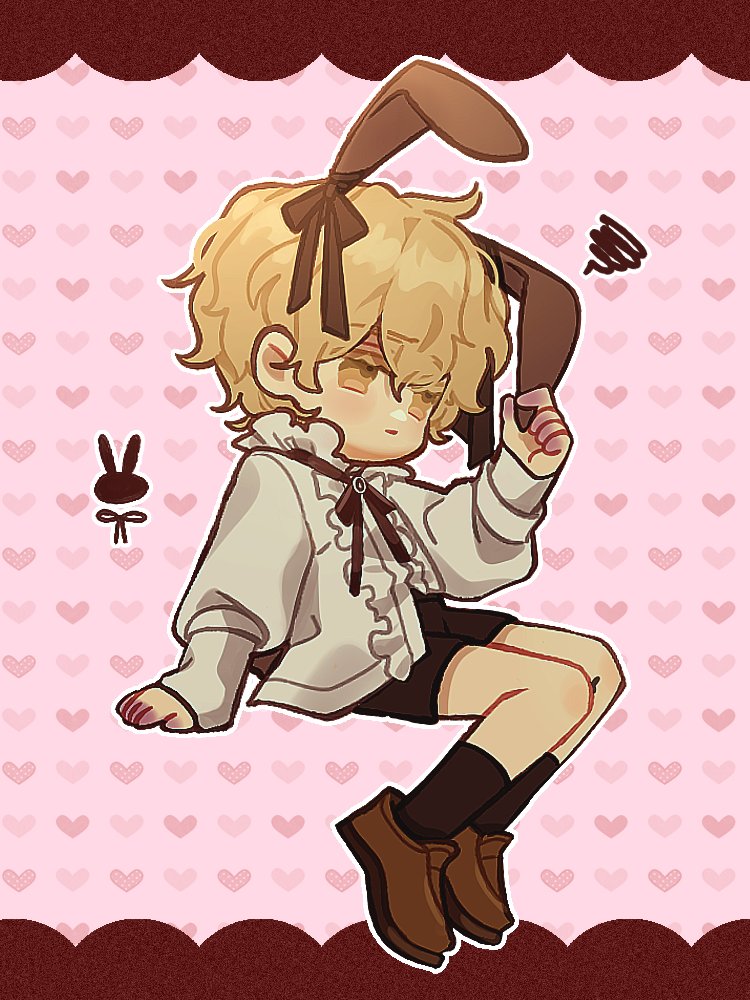 mii3847, luka (alien stage), alien stage, 1boy, animal ears, black ribbon, black shorts, black socks, blonde hair, brown shoes, chibi, chibi only, closed mouth, collar, frilled collar, frills, from side, full body, hair between eyes, heart, heart background, invisible chair, long sleeves, male focus, pink background, rabbit ears, ribbon, shirt, shoes, short hair, shorts, sitting, socks, solo, squiggle, white shirt, yellow eyes
