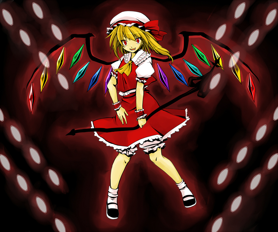 ririvery, flandre scarlet, touhou, 1girl, blonde hair, bloomers, danmaku, female focus, hat, laevatein, mob cap, red eyes, short hair, solo, underwear, white bloomers, wings, wrist cuffs