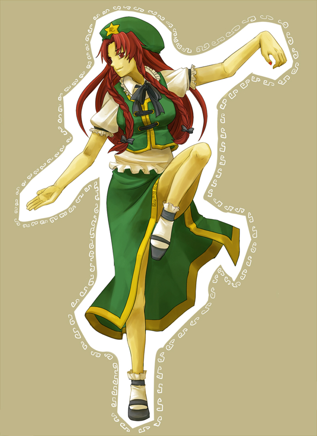 ririvery, hong meiling, immaterial and missing power, touhou, 1girl, braid, chinese clothes, female focus, fighting stance, long hair, nail polish, red eyes, red hair, red nails, simple background, smile, solo, standing, standing on one leg, twin braids