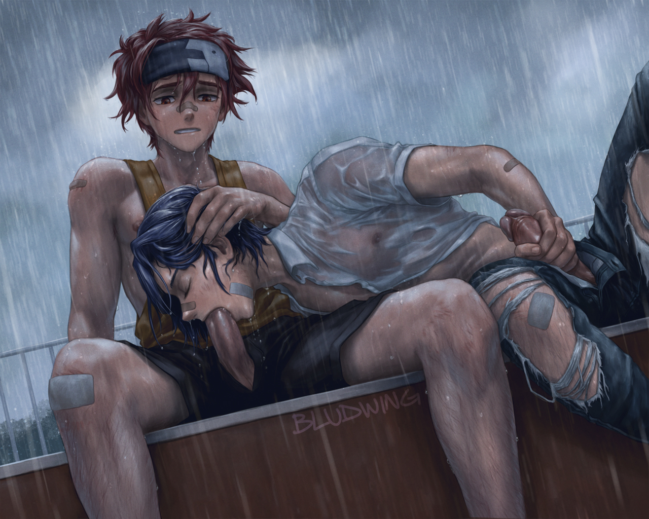 bludwing, hasegawa langa, kyan reki, sk8 the infinity, commentary, english commentary, 2boys, artist name, bandaid, bandaid on face, bandaid on nose, bandaid on shoulder, black shorts, blue hair, closed eyes, collared shirt, fellatio, gauze on knee, hair between eyes, headband, leg hair, male focus, male masturbation, masturbation, multiple boys, nipple slip, nipples, oral, pants, penis, penis out, rain, red eyes, red hair, shirt, short hair, shorts, sitting, tank top, teeth, torn clothes, torn pants, wet, wet clothes, wet hair, wet shirt, yaoi, yellow tank top