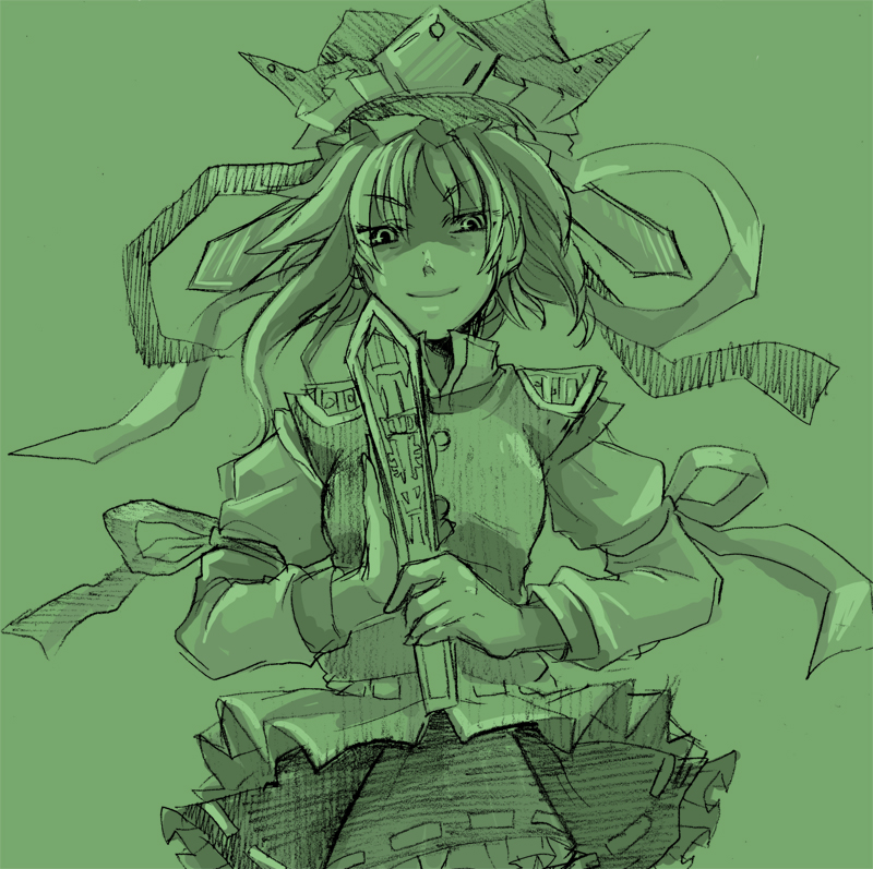 ririvery, shiki eiki, phantasmagoria of flower view, touhou, 1girl, bow, female focus, green theme, hat, looking at viewer, monochrome, ribbon, rod of remorse, simple background, sketch, solo