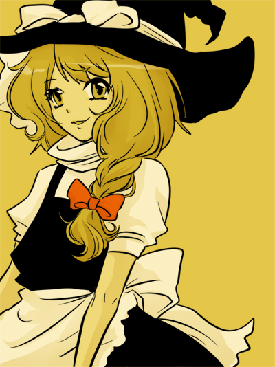 ririvery, kirisame marisa, touhou, eyebrows, 1girl, apron, arms at sides, black hat, black skirt, black vest, blonde hair, bow, braid, female focus, frilled apron, frills, hair bow, hat, hat bow, hat ribbon, long hair, looking at viewer, puffy short sleeves, puffy sleeves, red bow, ribbon, shirt, short sleeves, simple background, skirt, smile, solo, turtleneck, upper body, vest, waist apron, white apron, white bow, white ribbon, white shirt, witch hat, yellow background, yellow theme