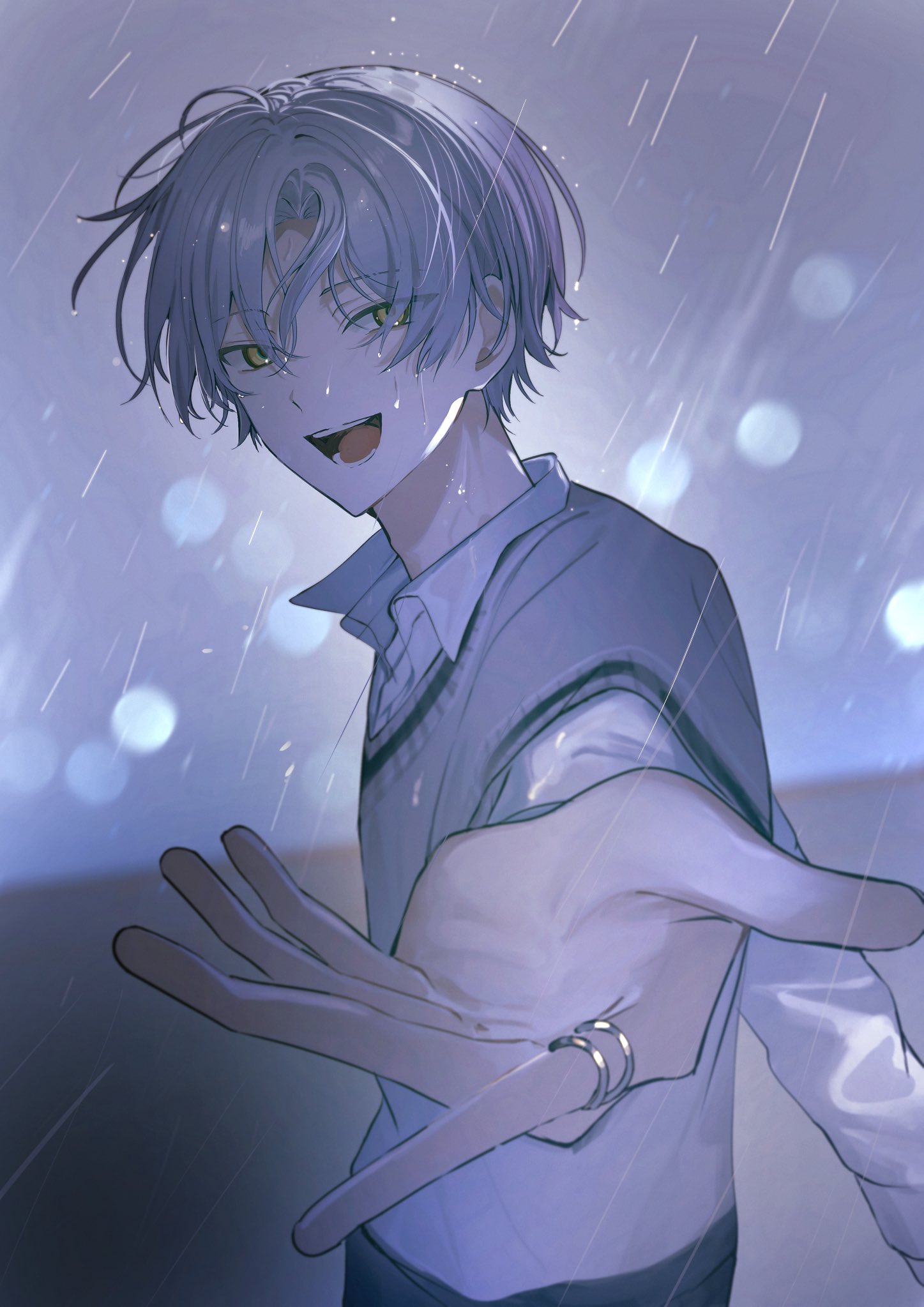 22kolink, 18trip, highres, 1boy, blurry, bokeh, cowboy shot, depth of field, dripping, foreshortening, grey hair, grey sweater vest, hair between eyes, jewelry, long sleeves, looking at viewer, male focus, multiple rings, oguro kafka, open mouth, outstretched arm, rain, ring, short hair, smile, solo, sweater vest, yellow eyes