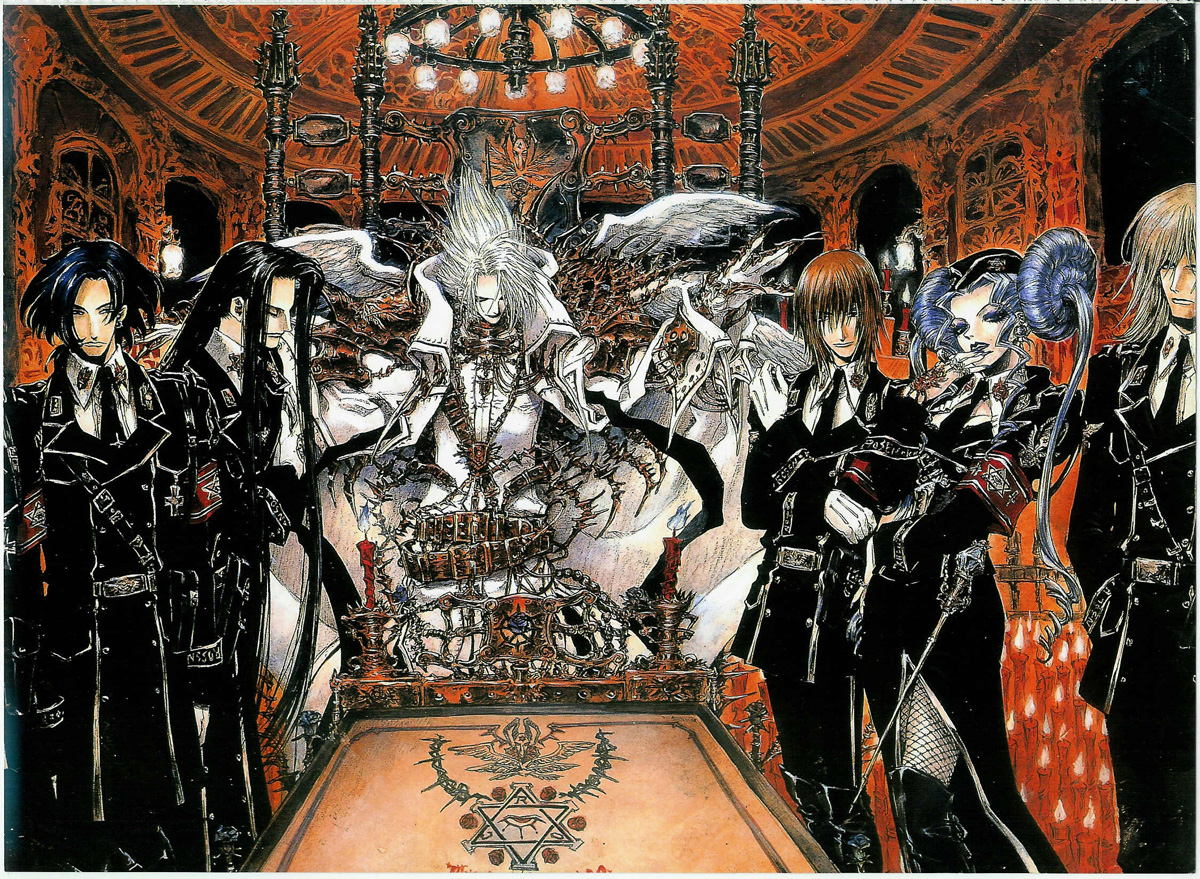 shibamoto thores, abel nightroad, balthasar von neumann, cain nightroad, dietrich von lohengrin, helga von vogelweide, isaak fernand von kampfer, melchior von neumann, radu barvon, trinity blood, uniform, official art, scan, 00s, 1girl, 5boys, belt, black hair, blonde hair, blue hair, brown hair, buckle, chandelier, closed eyes, gloves, hexagram, indoors, lamp, long hair, long sleeves, looking at viewer, multiple boys, outstretched arms, pants, rapier, sheath, sheathed, standing, sword, very long hair, weapon, white gloves, white hair, wings