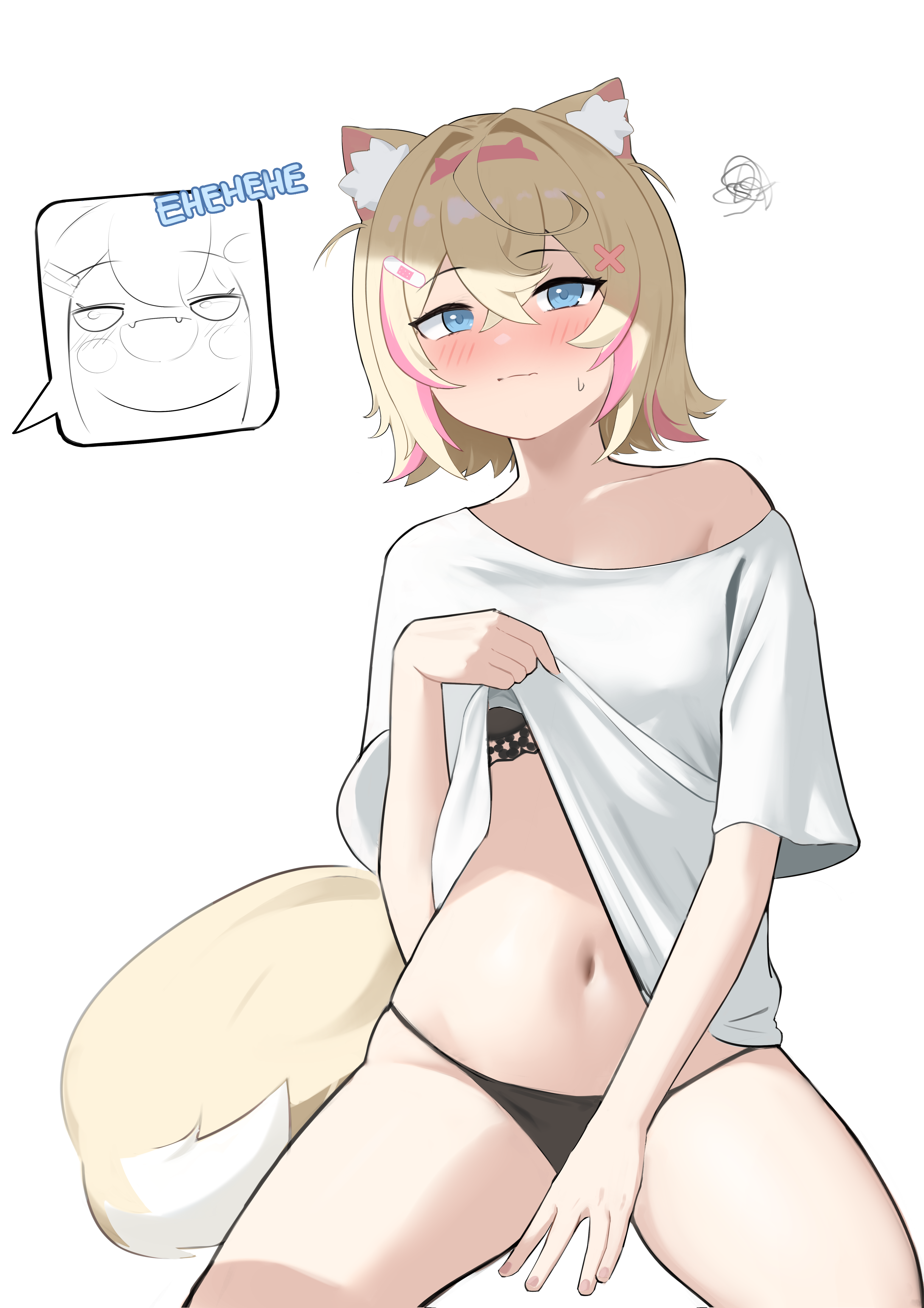 shift (shiftillust), fuwawa abyssgard, mococo abyssgard, hololive, hololive english, absurdres, highres, 1girl, animal ears, bandaid, bandaid hair ornament, black bra, black panties, blonde hair, blue eyes, blush, bra, bra peek, clothes lift, dog ears, dog girl, dog tail, hair ornament, lifting own clothes, navel, panties, pink streaks, shirt lift, short hair, simple background, solo, speech bubble, squiggle, sweat, tail, underwear, virtual youtuber, white background, x hair ornament