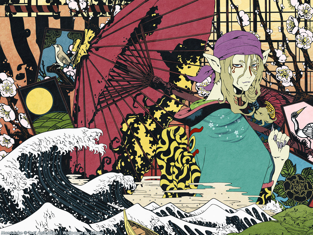 kusuriuri (mononoke), mononoke, 00s, 1boy, artist name, bandana, blonde hair, blue eyes, boat, cherry blossoms, facepaint, hair tie, japanese clothes, kimono, long hair, looking at viewer, makeup, male focus, mountain, oil-paper umbrella, pointy ears, solo, umbrella, watercraft, waves