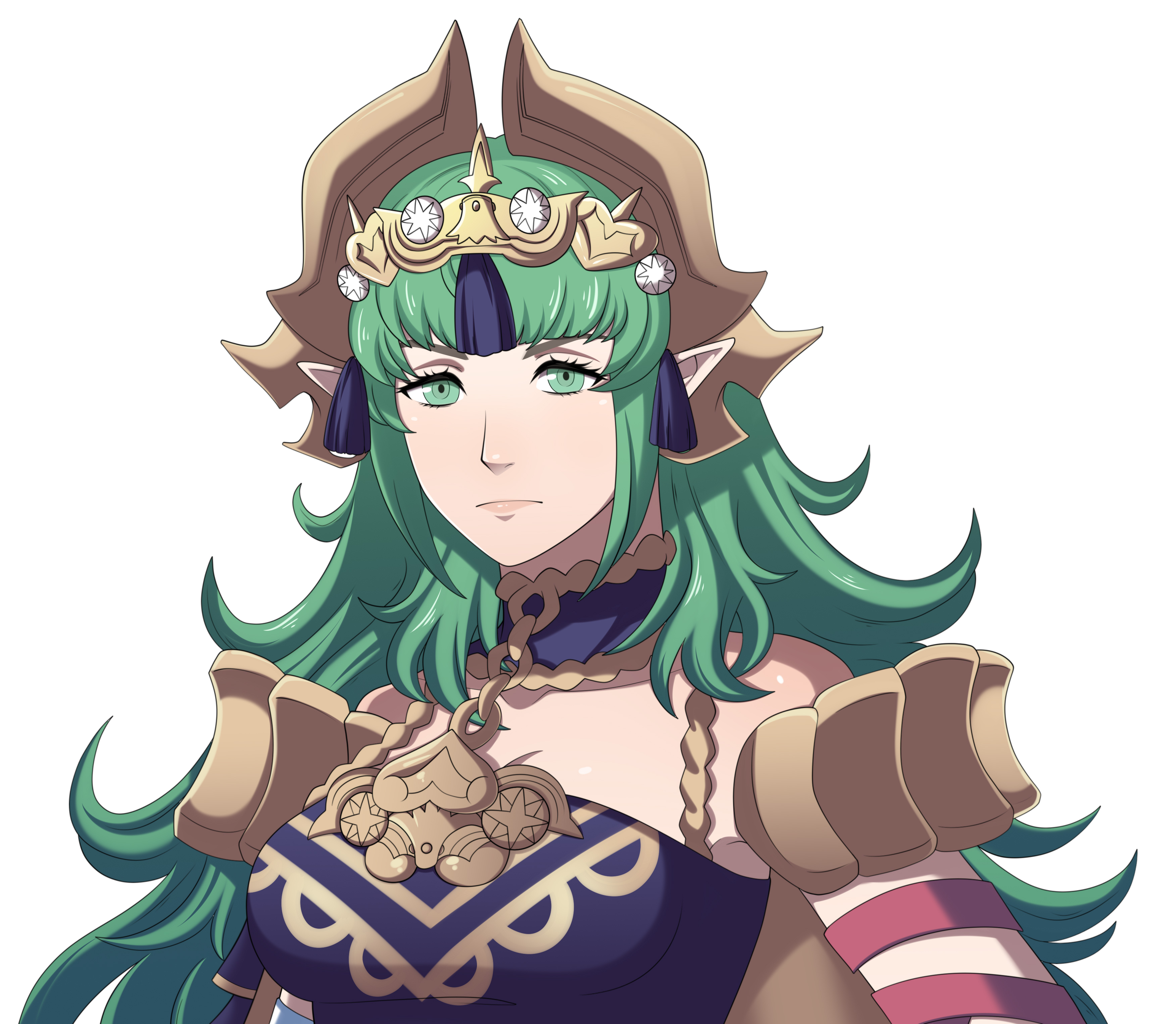deebyfeeby, sothis (adult) (fire emblem), sothis (fire emblem), fire emblem, fire emblem: fortune's weave, nintendo, absurdres, commentary, english commentary, highres, 1girl, arm wrap, breasts, closed mouth, dress, green eyes, green hair, hair ornament, headpiece, large breasts, long hair, looking at viewer, pointy ears, purple dress, ribbon, simple background, solo, tassel, tassel hair ornament, tiara, upper body, white background