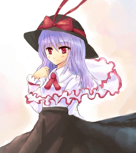 tes (unpre), nagae iku, touhou, 1girl, bow, female focus, hat, purple hair, red eyes, solo