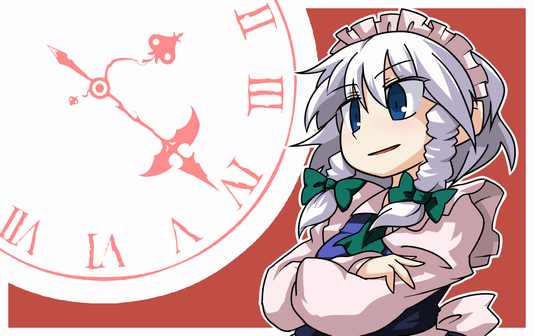 iyau, izayoi sakuya, touhou, silver hair, 1girl, blue eyes, braid, clock, female focus, hair ornament, maid, maid headdress, short hair, solo, twin braids