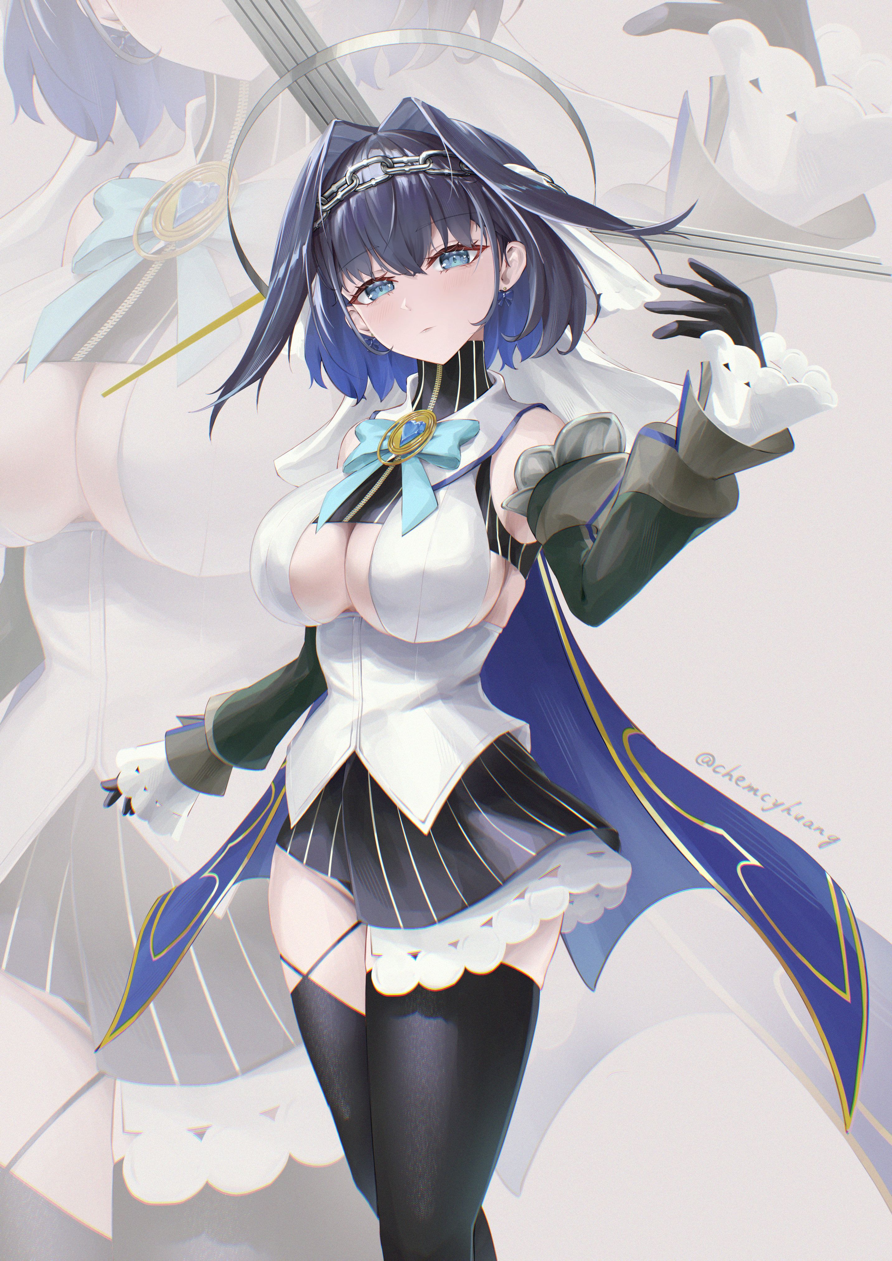 chia-yu huang, ouro kronii, ouro kronii (1st costume), hololive, hololive english, absurdres, highres, 1girl, black gloves, black hair, black skirt, black sleeves, black thighhighs, blue bow, blue cape, blue eyes, blue gemstone, blue hair, bow, breasts, cape, chain, chain headband, clothing cutout, colored inner hair, detached sleeves, gem, gloves, hair intakes, heart-shaped gem, large breasts, looking at viewer, multicolored hair, shirt, skirt, solo, thighhighs, underboob cutout, virtual youtuber, white shirt, zoom layer