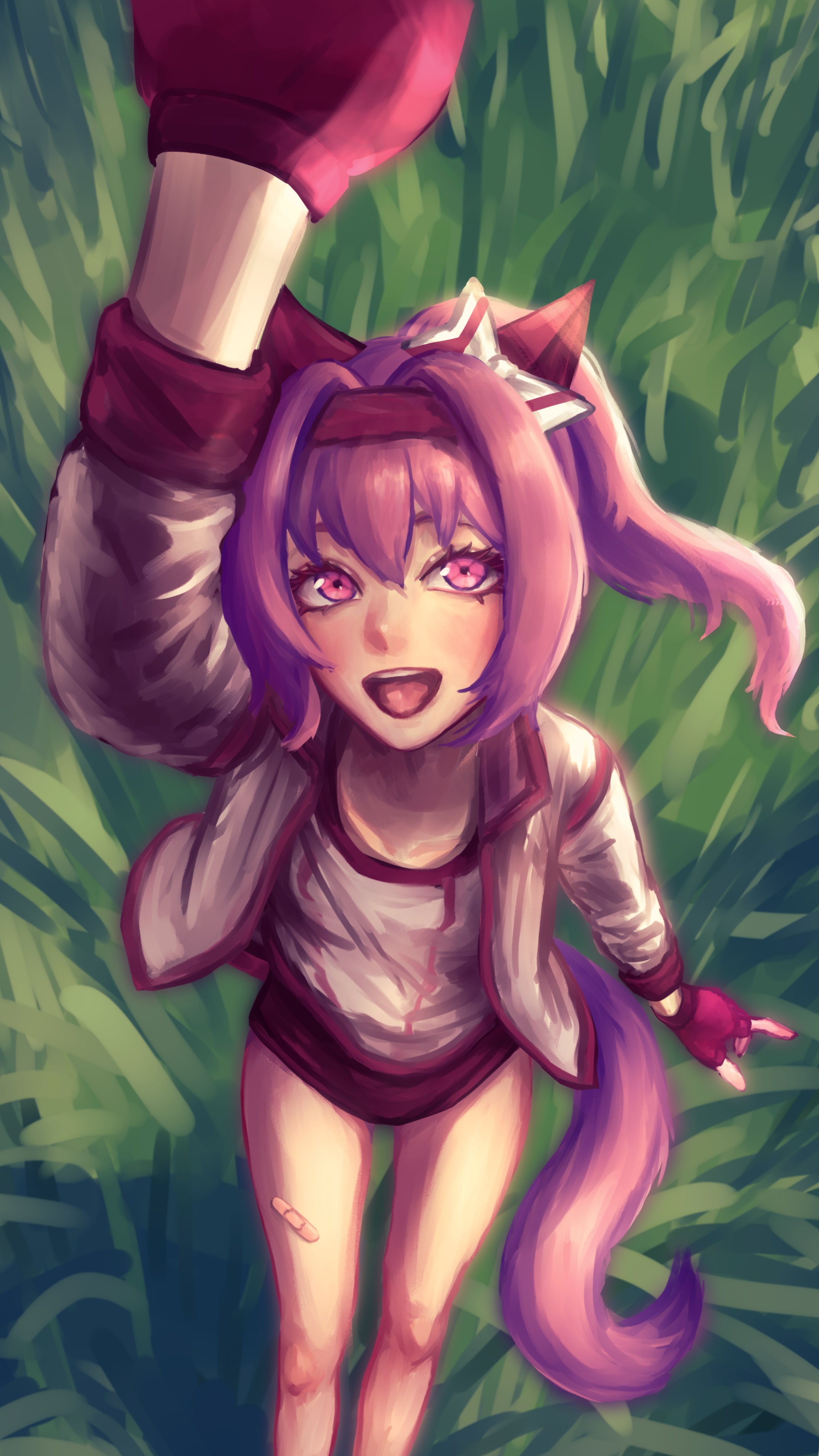 haru urara (bestest prize) (umamusume), haru urara (umamusume), umamusume, absurdres, commentary, english commentary, highres, 1girl, animal ears, bandaid, bandaid on leg, blush, bow, buruma, ear bow, ear covers, fingerless gloves, flower-shaped pupils, flower in eye, gloves, grass, hairband, headband, horse ears, horse girl, horse tail, incoming headpat, jacket, long hair, looking at viewer, nyuakel, open mouth, outdoors, pink buruma, pink eyes, pink hair, pink headband, ponytail, red buruma, red gloves, red headband, shirt, smile, solo, symbol-shaped pupils, symbol in eye, tail, teeth, upper teeth only, white jacket, white shirt