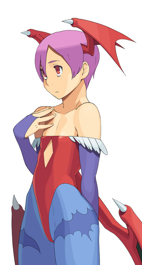 go robots, lilith (darkstalkers), capcom, darkstalkers, 1girl, animal print, bare shoulders, bat print, blue pantyhose, demon girl, female focus, flat chest, head wings, leotard, pantyhose, print pantyhose, purple hair, red eyes, red leotard, short hair, solo, wings