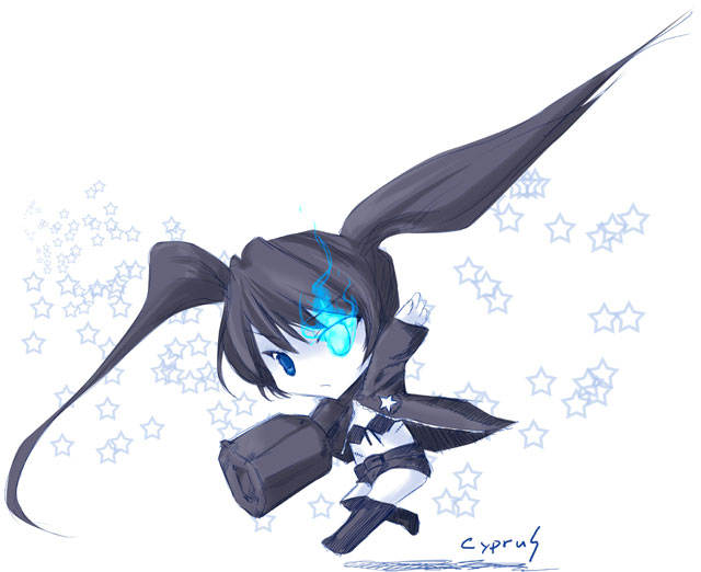 cyprus (circle), black rock shooter (character), hatsune miku, black rock shooter, vocaloid, 10s, 1girl, arm cannon, black hair, blue eyes, chibi, female focus, full body, navel, scar, solo, twintails, weapon