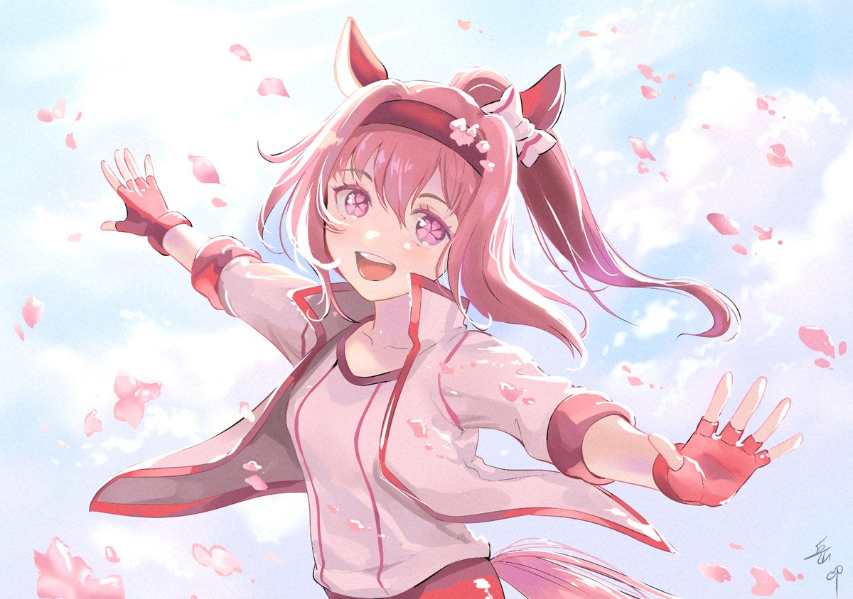 yue yin, haru urara (bestest prize) (umamusume), haru urara (umamusume), umamusume, 1girl, animal ears, blue sky, blush, bow, buruma, cloud, ear bow, ear covers, fingerless gloves, flower-shaped pupils, flower in eye, gloves, hairband, headband, horse ears, horse girl, horse tail, jacket, long hair, looking at viewer, open mouth, petals, pink buruma, pink eyes, pink hair, pink headband, ponytail, red buruma, red gloves, red headband, shirt, sky, smile, solo, symbol-shaped pupils, symbol in eye, tail, upper body, white jacket, white shirt