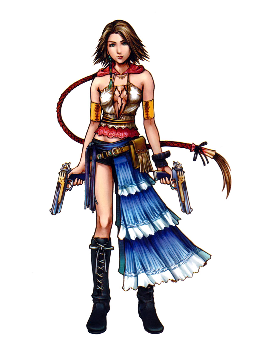 nomura tetsuya, yuna, yuna (ff10), final fantasy, final fantasy x, final fantasy x-2, highres, official art, 00s, 1girl, black shorts, boots, dual wielding, female focus, gun, hair ornament, handgun, heterochromia, holding, knee boots, long hair, pistol, short hair, shorts, solo, weapon