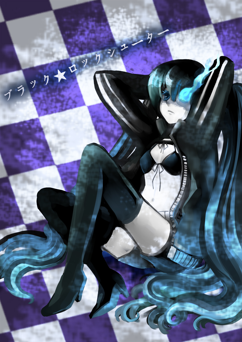 aprilred, black rock shooter (character), hatsune miku, black rock shooter, vocaloid, bad id, bad pixiv id, highres, 10s, 1girl, black hair, blue eyes, female focus, midriff, navel, solo, thighhighs