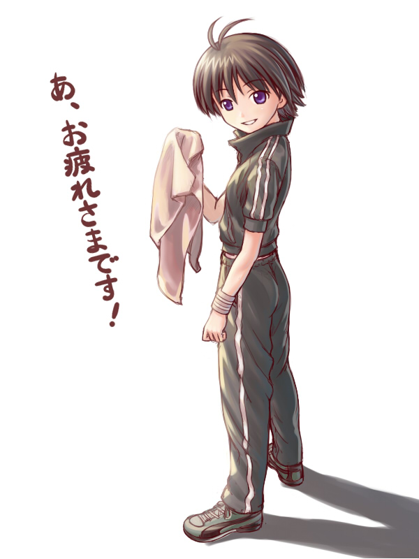 nekopuchi, kikuchi makoto, idolmaster, idolmaster (classic), idolmaster 1, 00s, 1girl, androgynous, antenna hair, female focus, gym uniform, jacket, reverse trap, shoes, sneakers, solo