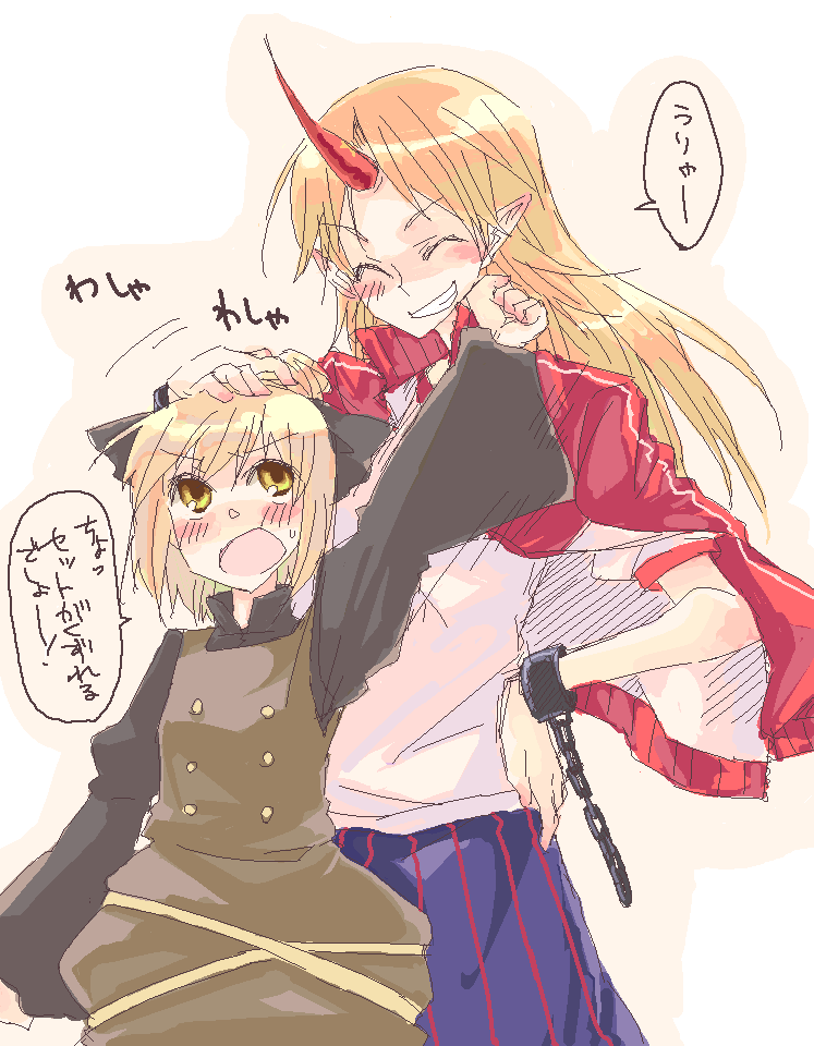tadano kagekichi, hoshiguma yuugi, kurodani yamame, touhou, translation request, 2girls, female focus, grin, hand on own hip, headpat, horns, jaggy lines, multiple girls, pointy ears, single horn, smile, yellow eyes