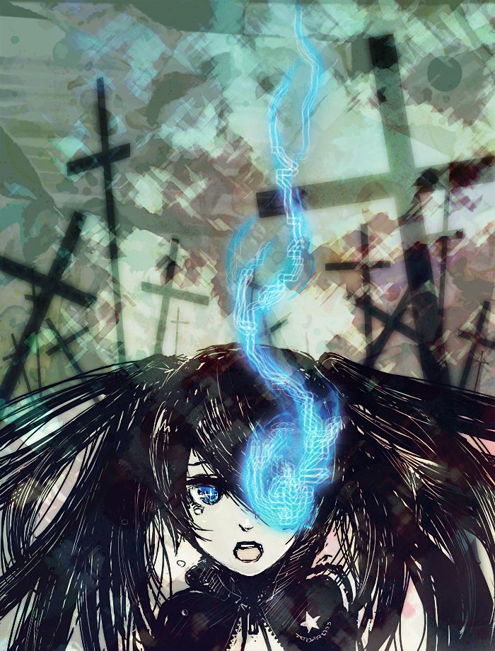 ne-ki, black rock shooter (character), hatsune miku, black rock shooter, vocaloid, bad id, bad pixiv id, 10s, 1girl, black hair, blue eyes, cross, female focus, latin cross, solo, tears