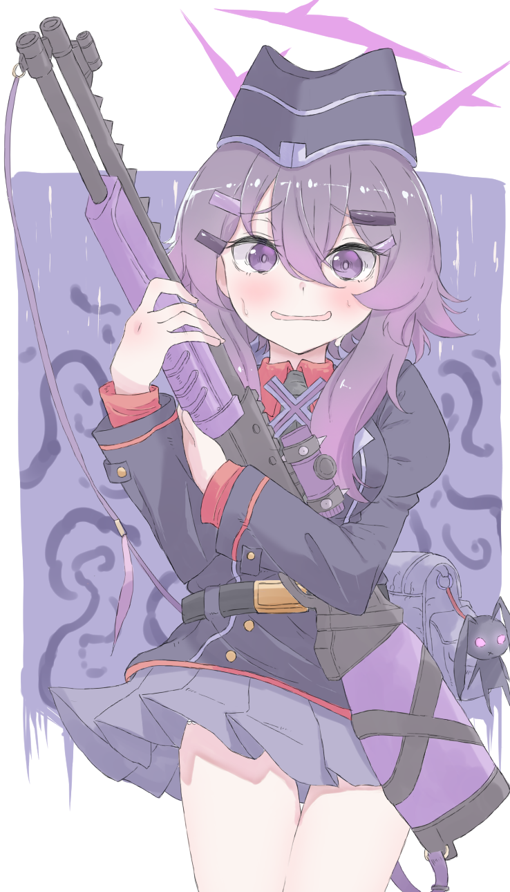 norippe (user zgsf8872), haruka (blue archive), blue archive, commentary request, highres, 1girl, backpack, bag, bag charm, black hat, black jacket, blush, charm (object), fabarm fp6, fabarm sdass, garrison cap, grey skirt, gun, hair between eyes, hair ornament, hairclip, halo, hat, holding, holding gun, holding weapon, jacket, juliet sleeves, long sleeves, looking at viewer, nervous smile, parted lips, pleated skirt, puffy sleeves, pump action, purple eyes, purple hair, red shirt, scope, shirt, shotgun, skirt, smile, solo, weapon