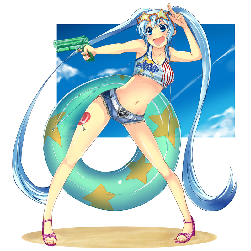 gin'ichi (akacia), ginichi, original, 1girl, blue eyes, blue hair, denim, denim shorts, female focus, innertube, long hair, matching hair/eyes, midriff, navel, shorts, solo, sunglasses, swim ring, tank top, tattoo, twintails, very long hair, water gun