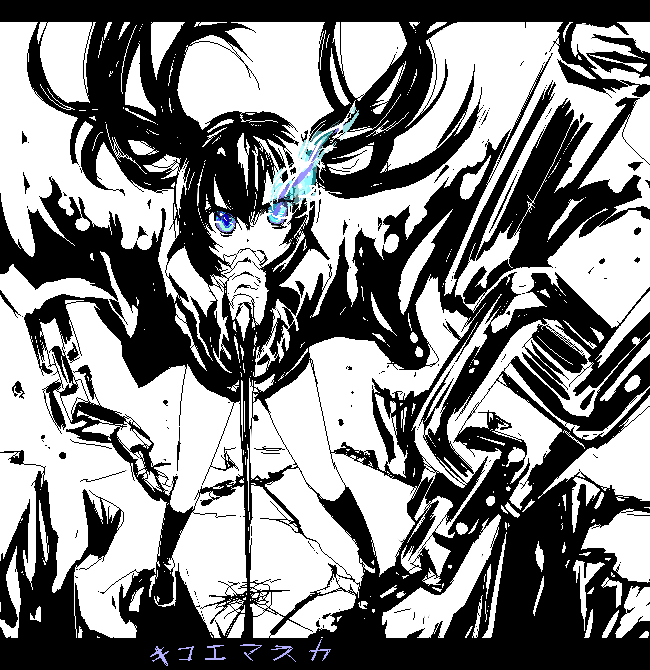 shirow (crazy), shirow (pixiv), black rock shooter (character), hatsune miku, black rock shooter, vocaloid, bad id, bad pixiv id, 10s, 1girl, black hair, blue eyes, chain, female focus, monochrome, solo, spot color, twintails