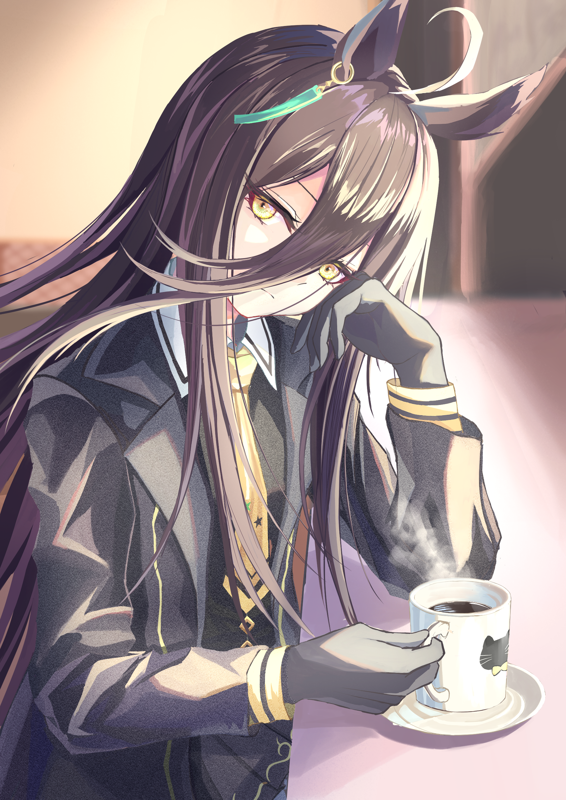 febry, manhattan cafe (umamusume), umamusume, absurdres, highres, 1girl, ahoge, animal ears, black coat, black gloves, black shirt, black skirt, closed mouth, coat, coffee, collared shirt, contrast collar, cup, ear ornament, ear tag, earrings, elbow on table, gloves, hair between eyes, hair ribbon, holding, holding cup, horse ears, horse girl, horse tail, jewelry, light frown, long hair, long hair between eyes, long sleeves, looking at viewer, manhattan cafe (creeping black) (umamusume), mug, multicolored hair, necktie, open clothes, open coat, plate, pleated skirt, ribbon, shirt, single earring, skirt, solo, steam, steaming cup, table, tail, very long hair, white hair, yellow eyes, yellow necktie
