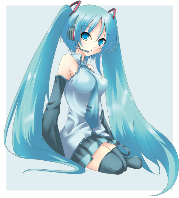 nana (732 kaiten), hatsune miku, vocaloid, 1girl, aqua hair, aqua necktie, female focus, long hair, necktie, shirt, simple background, sitting, solo, taut clothes, taut shirt, thighhighs, twintails, very long hair