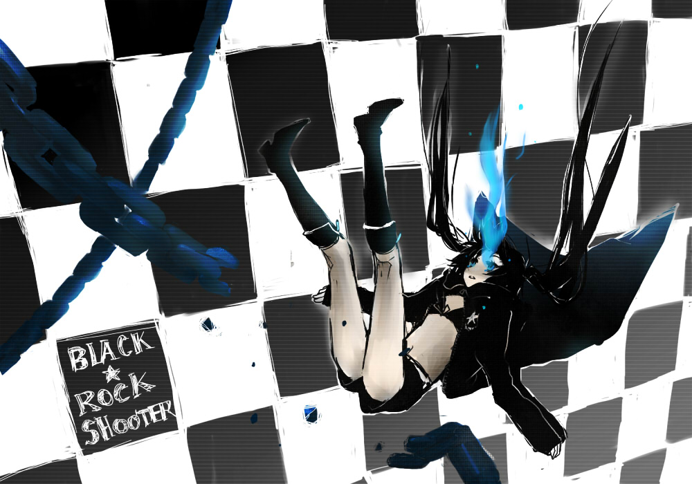 donburi (artist), black rock shooter (character), hatsune miku, black rock shooter, vocaloid, 10s, 1girl, black hair, blue eyes, chain, donburi, female focus, legs, midriff, navel, solo, twintails