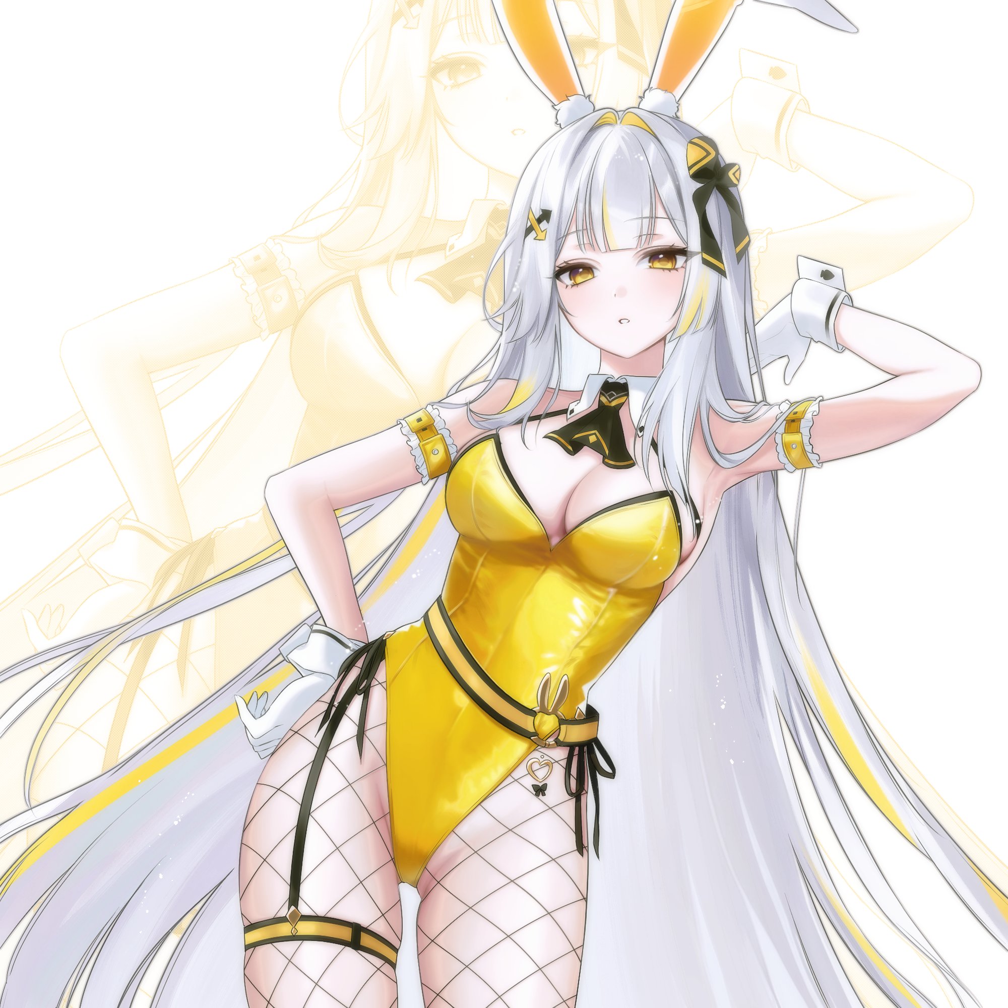 minami rio, black survival, eternal return: black survival, commentary, hashtag-only commentary, highres, symbol-only commentary, 1girl, animal ears, arm up, armband, armpits, arrow hair ornament, bare shoulders, blunt bangs, breasts, cleavage, colored inner hair, detached collar, directional arrow hair ornament, fake animal ears, fishnet pantyhose, fishnets, frilled armband, frills, garter straps, gloves, gold leotard, groin, hair intakes, hair ornament, hair ribbon, hand on own hip, large breasts, leotard, long hair, looking at viewer, minami rio (winning shot), multicolored hair, official alternate costume, pantyhose, parted lips, playboy bunny, rabbit ears, ribbon, side-tie leotard, sidelocks, single garter strap, solo, soseongier, standing, streaked hair, thigh strap, thighs, very long hair, white background, white gloves, white hair, white wrist cuffs, wrist cuffs, yellow eyes, yellow leotard, zoom layer