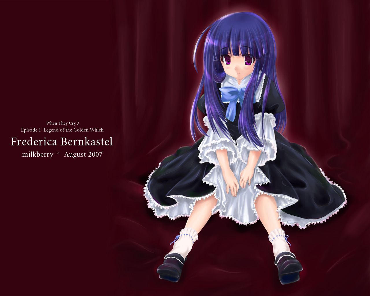 kisaragi miyu, frederica bernkastel, umineko no naku koro ni, non-web source, 00s, 1girl, blue hair, character name, dress, female focus, full body, gothic lolita, lolita fashion, long hair, purple eyes, ribbon, sitting, smile, solo